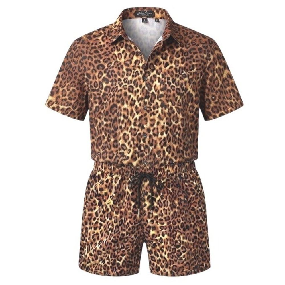 LucMatton Leopard Print Short Sleeve Button Up with Shorts Lounge Set Mens XL